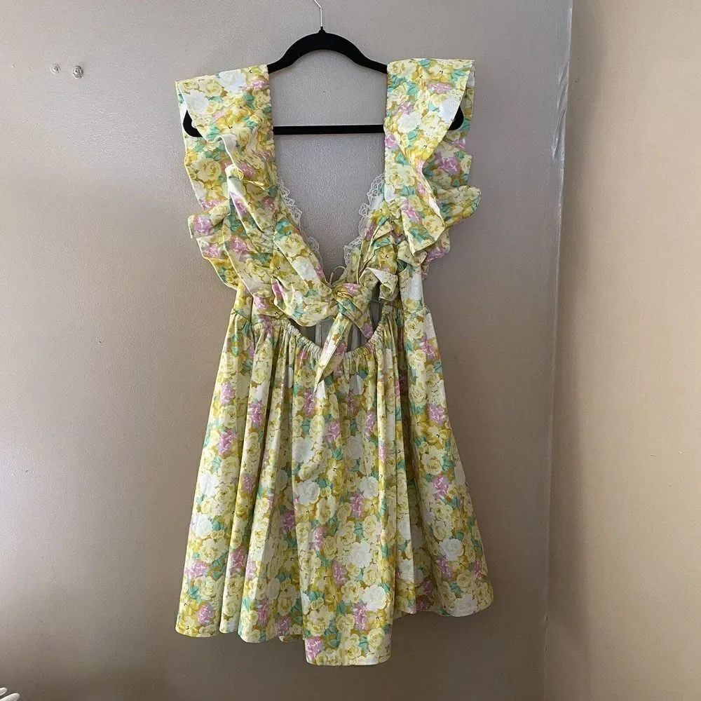 For Love & Lemons Tamra Yellow Floral Cotton Mini Dress Size 1X NWT $248